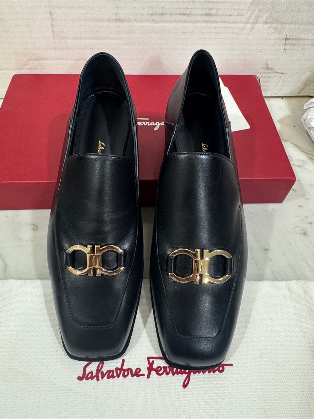 Salvatore Ferragamo Black Leather Slip-On Loafers with Gold Double Gancini